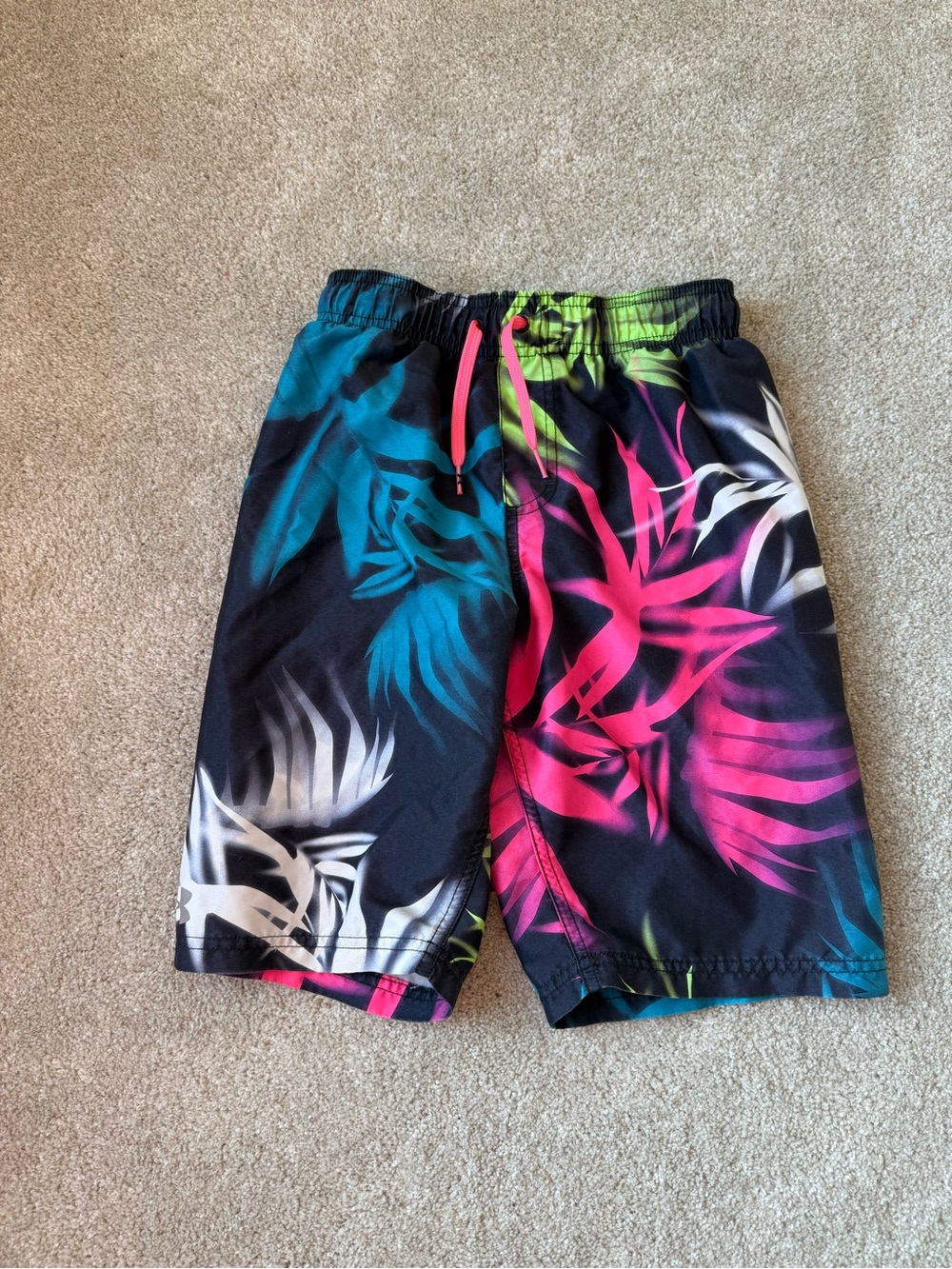 Neon Tropical Swim Shorts with Pink & Teal Leaf Print